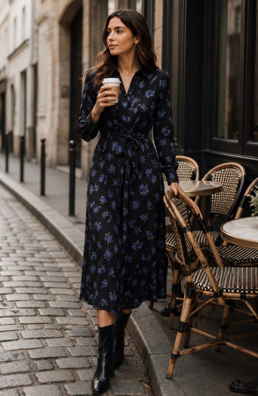 Halogen Floral Button Down Maxi Shirt Dress Size M Blue Black Long Sleeve Belted
